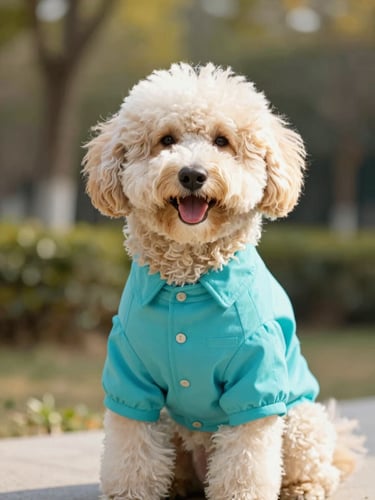 A cheerful, well-groomed fluffy dog wearing a bright turquoise custom-tailored shirt, sitting happily in warm natural daylight, shallow depth of field, 35mm