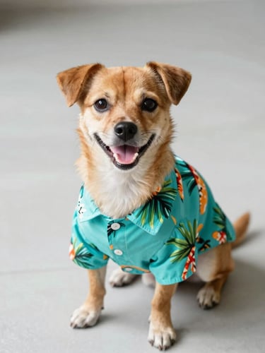 A happy small dog wearing a vibrant turquoise tropical print shirt, sitting comfortably on a clean light gray floor, warm natural daylight, 35mm