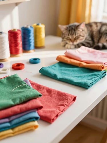 A cozy sewing workshop table with colorful fabrics, threads, and a small sleeping cat nearby, warm golden hour light, 35mm