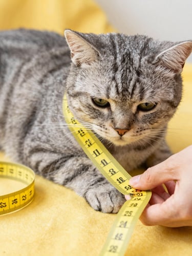 Close up of a tailor measuring a calm grey tabby cat with a soft yellow measuring tape, warm natural daylight, focus on the fabric texture and hands, bright friendly atmosphere