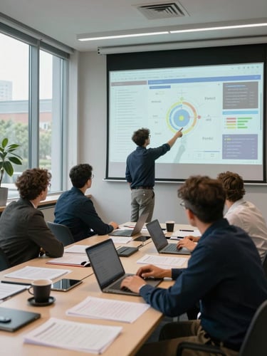 Wide environmental shot from behind a team of three people working at a large conference table, screens open mid-analysis, one person pointing at a dashboard projection on the wall, natural daylight from tall windows to the left, papers and open laptops visible on the table surface