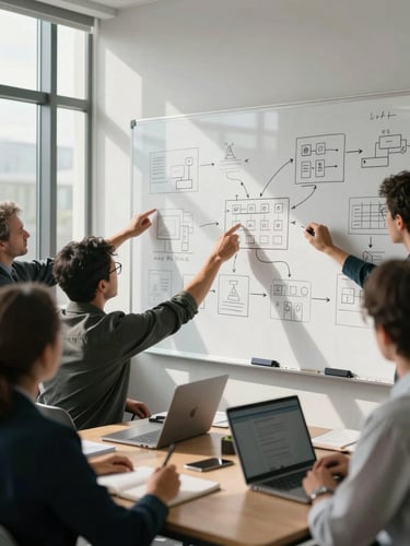 Wide environmental shot from behind a team gathered around a large whiteboard covered in sketched workflow diagrams, natural daylight streaming from tall office windows on the left, hands reaching to point at sections of the diagram, notebooks and laptops open on the table in the foreground