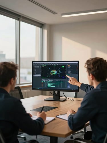 Wide environmental shot over the shoulder of two operations leads at a conference table, one pointing at a large monitor displaying a live dashboard mid-analysis, the other taking notes on paper, natural daylight from tall windows on the left, warm but unfiltered office light