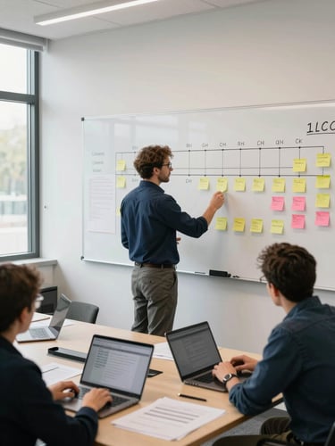 Wide environmental shot over the shoulder of a project lead standing at a large whiteboard covered in sticky notes and timeline markers, colleagues seated around a conference table with laptops open and printed scope documents visible, natural daylight from windows on the left side of the room