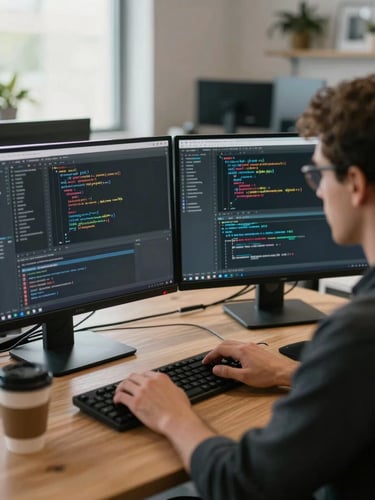 Over-the-shoulder wide shot of a developer's dual-monitor setup mid-analysis, code and dashboard data visible on screens, natural window light from the left, hands resting on keyboard, coffee cup at the edge of the desk, open-plan office background softly out of focus