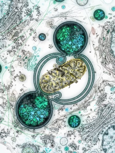 Macro close-up of cellular autophagy process, lysosomes engulfing damaged mitochondria, sterile high-key lighting, 3D molecular render, emerald and sky blue accents.