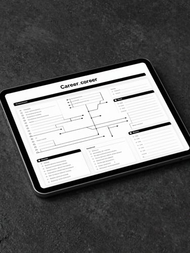 Sleek modern tablet screen on a dark textured concrete surface, displaying a highly structured career-mapping worksheet with sharp screen glow, high contrast black and white, 50mm portrait