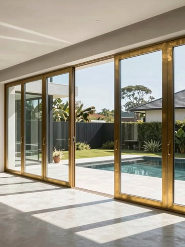 A wide-angle architectural shot of a luxury home extension interior, bright natural daylight streaming through floor-to-ceiling glass doors, minimalist concrete floors, and brushed brass details