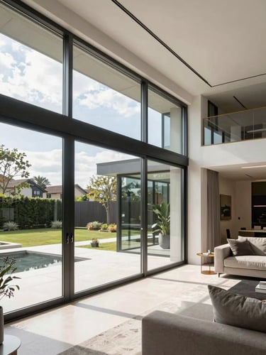 Wide-angle architectural photograph of a luxury modern living room extension in Cheshire, featuring floor-to-ceiling glass doors, minimalist furniture, soft natural daylight, sharp focus, 35mm lens