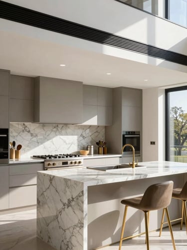 Premium architectural interior photography of a finished modern luxury kitchen extension, bright natural daylight, marble island, brushed brass fixtures, sharp focus