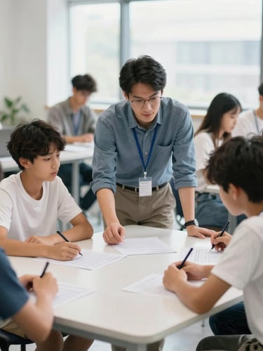 Estudiantes y un docente colaborando en un espacio de aprendizaje moderno y luminoso, con luz natural, enfocados en una interacción auténtica.