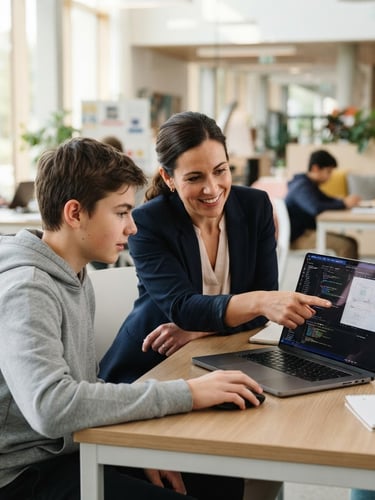 Professional educator guiding a focused student in a bright, modern, and clean digital learning environment, soft natural light, shallow depth of field, clean editorial photography.
