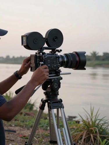 Medium shot of a cinematographer adjusting a prime lens on a film camera mounted on a tripod, shot on an Assamese riverbank location at dawn, soft diffused natural light, crew member's hands in focus, reeds and still water visible in the background