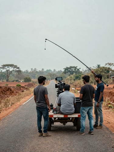 Wide behind-the-scenes frame from a Kannada film shoot on location in Karnataka, crew positioned around a camera dolly on a rural road, overcast natural light, a boom operator extending a pole overhead, landscape of red-soil terrain visible in the background