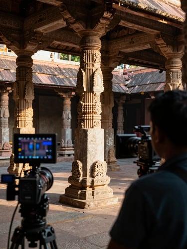 Medium shot from behind a camera operator framing a scene inside a traditional Odia temple courtyard, late afternoon sidelight raking across carved stone columns, monitor screen glowing in the foreground shadow