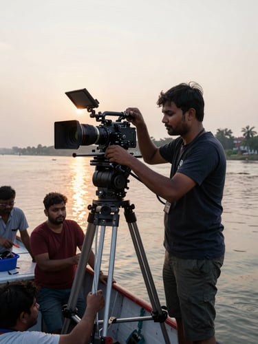 Medium shot of a director of photography adjusting a camera mounted on a boat on the Hooghly River, crew members steadying the vessel, golden late-afternoon light reflecting off the water surface, West Bengal riverbank architecture visible in the background, documentary framing