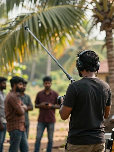 Medium shot from behind a sound recordist on a Kerala film set — the boom pole angled toward the actors out of frame, practical location lighting filtering through palm fronds overhead, the recordist's headphones visible, natural warm afternoon light, documentary framing with environmental depth