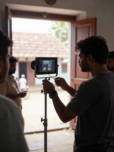 Medium shot of a Tamil film production crew adjusting a lighting rig inside a practical-lit interior location in Tamil Nadu, natural daylight mixing with tungsten practicals, director in the foreground reviewing shot on a small monitor, regional architecture visible through an open doorway in the background