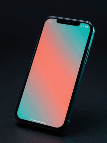 A sleek high-fidelity Android phone mockup glowing in neon coral and deep teal ambient light, angled perspective, dark moody studio background, macro depth of field.