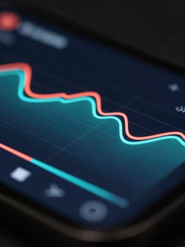 Extreme macro close-up of a high-fidelity mobile UI screen displaying fluid media playback curves, vibrant neon coral and cyan lines on a deep charcoal interface, dark moody studio lighting