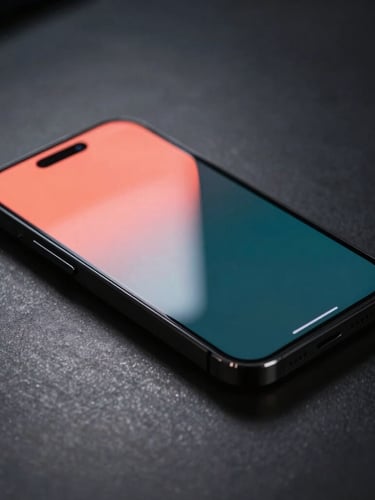 Sleek modern smartphone lying flat on a dark steel surface, angled perspective showing glowing coral ambient light reflecting off the glass screen edge, dark moody studio lighting, 35mm