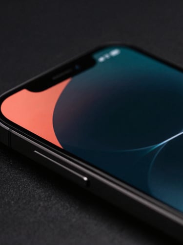 Macro close-up of a modern bezel-less phone screen showing a dark-mode interface with vibrant coral accents, angled perspective, moody low-key studio lighting.