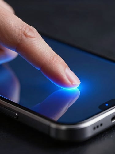 Macro close-up of a finger tip touching a sleek bezel-free interactive glass panel, vibrant electric blue light emitting from the point of contact, high-contrast dark studio lighting, 50mm lens