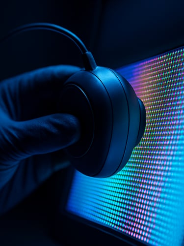 Macro detail shot of a technician using a colorimeter calibration tool on a vibrant pixel array, dark ambient background, electric blue lighting, 50mm lens