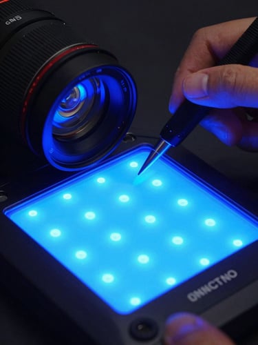 Macro detail of a technician using a colorimeter calibration tool on a seamless LED panel, vibrant blue light emitting from the screen, high contrast, 50mm lens
