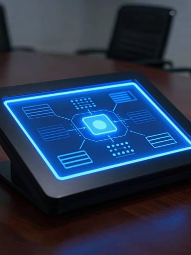 Sharp commercial photography of a bezel-free interactive display panel in a dark corporate boardroom, glowing electric blue lights, high-contrast studio lighting, 50mm lens