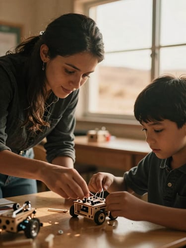 Close-up of a local teacher guiding a student assembling a small wooden robotics kit, warm golden-hour desert light through classroom window, shallow depth of field, 35mm film look.
