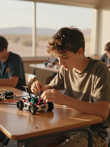 A focused high school student working on a robotics kit in a sun-washed classroom, natural desert golden-hour light, warm earthy tones, 35mm film look.