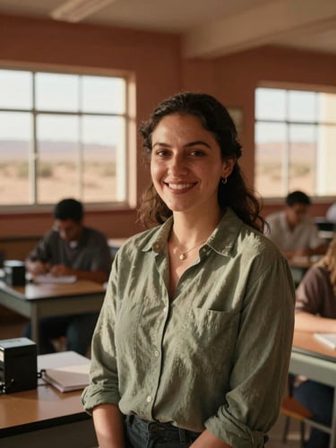 An environmental portrait of a local female science teacher in her classroom, smiling warmly, soft natural desert sunlight filtering through windows, sage and terracotta tones.