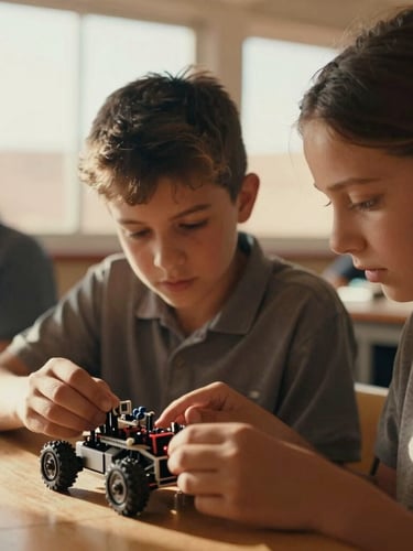 Close-up of two middle school students, a boy and a girl, focused on assembling a small robotic vehicle, natural warm desert sunlight streaming through a classroom window, shallow depth of field, 35mm film look.