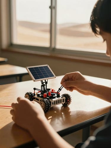 Close-up of a student assembling a small solar-powered robotics kit on a wooden desk, warm golden-hour desert sunlight streaming through a classroom window, 35mm film look.