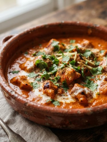Close-up of a rustic ceramic bowl filled with rich, slow-cooked Punjabi butter chicken, garnished with fresh cilantro, shot with soft natural window light, earthy terracotta tones, shallow depth of field, 45-degree angle.