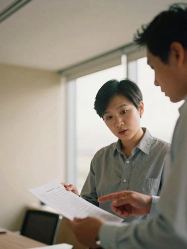 A medium candid shot of two professionals in a warm sand-toned modern office discussing a document, soft window light, shallow depth of field, 35mm film aesthetic