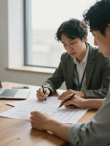 A collaborative meeting in a bright, modern office with soft window light, two professionals reviewing structural charts on a wooden table, warm editorial photography