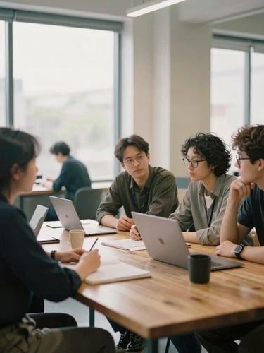 Candid wide shot of a modern collaborative workspace with natural window light, team members in focused discussions at a wooden table, 35mm film aesthetic