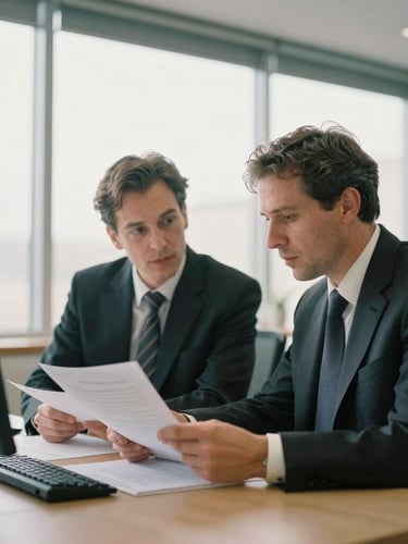 Candid medium-close shot of two operations directors reviewing documents in a modern office with natural window light, 35mm film aesthetic