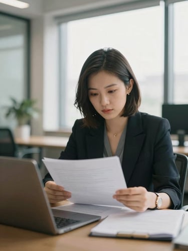 A focused professional reviewing documents in a modern, naturally lit office space, soft window light, shallow depth of field.