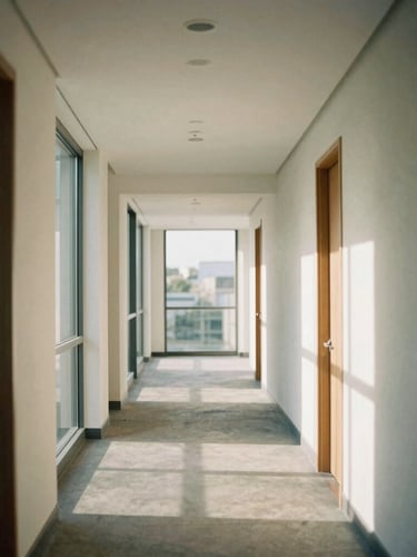 A modern, sunlit architectural office corridor with clean lines and soft shadows, professional atmosphere, 35mm film aesthetic