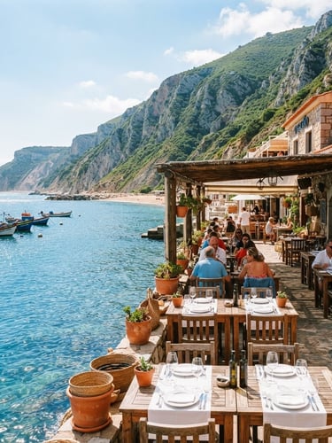 Wide panoramic view of Restaurante O Galeão's waterfront terrace at Portinho da Arrábida, with tables set, dramatic cliffs in the background, and crystal-clear blue waters reflecting bright coastal daylight. A few traditional fishing boats are visible in the distance, evoking local maritime heritage.