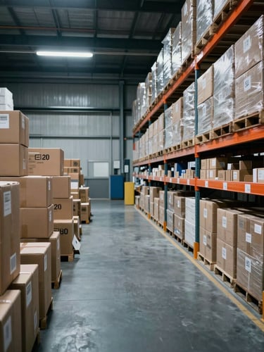 Wide-angle industrial photography of a modern warehouse floor, contrasting a chaotic pile of boxes on the left with an organized, labeled section on the right, under cool crisp lighting, deep slate and safety orange tones, sharp focus, 35mm
