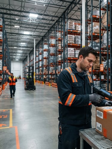 Wide-angle industrial photograph of a modern, organized warehouse floor, with a worker holding a rugged barcode scanner in the right foreground, cool crisp warehouse lighting, deep slate and safety orange tones, sharp focus, 35mm.