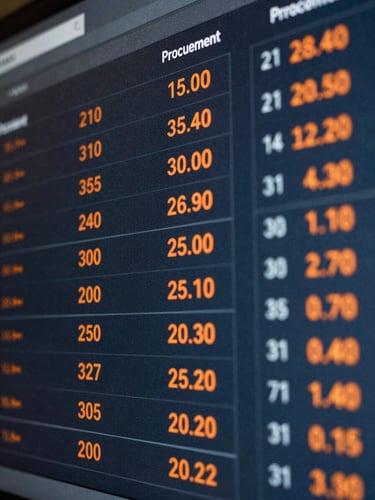 Close-up macro shot of a data dashboard displaying real-time procurement metrics, overlaid with a subtle industrial texture, safety orange accents highlighting key performance indicators, cool crisp lighting, sharp focus, 35mm