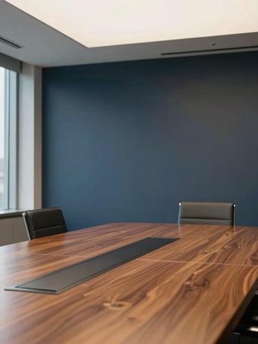 A sharp architectural crop of a modern Canadian corporate boardroom, soft overcast daylight, muted navy and warm cream tones, focus on a polished mahogany table and clean lines.