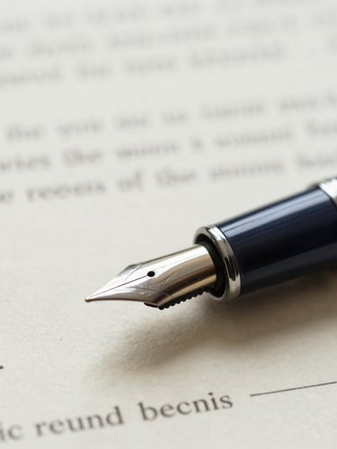 Macro close-up of a fountain pen resting on official legal documents, soft overcast daylight, muted navy and warm cream tones, sharp focus.