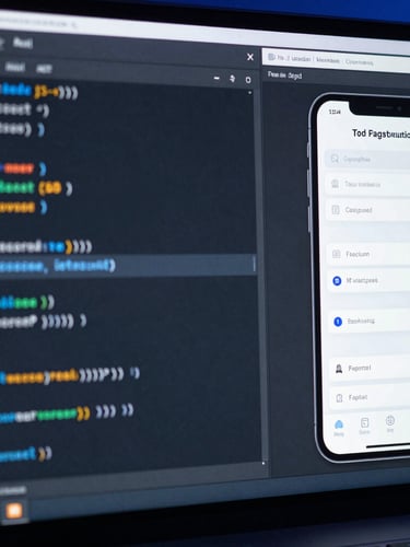 Macro close-up of a dark-mode code editor displaying clean TypeScript next to a high-fidelity mobile app UI wireframe on a dual-monitor setup, cold blue highlights, sharp focus.