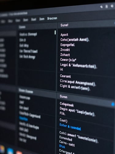 Macro close-up of a dark-mode software interface showing complex data visualization, sharp blue highlights, clean monospace typography, dramatic low-key studio lighting